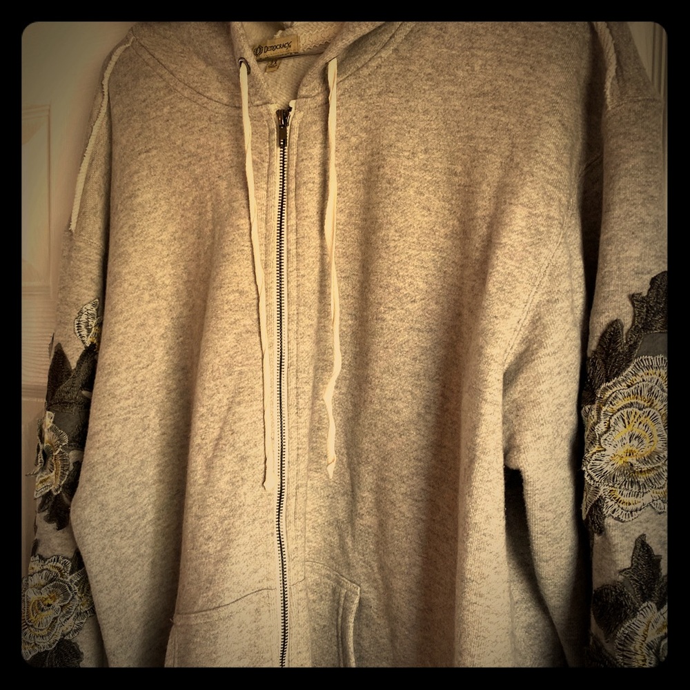 Democracy 2X Grey hoodie w/ flowers on the sleeves
